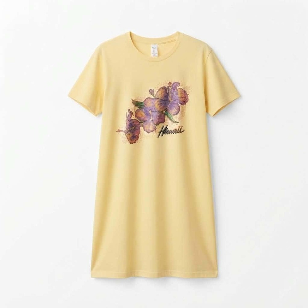 Vintage Hawaii Hibiscus T-Shirt Dress Yellow Floral Graphic Short Sleeve L